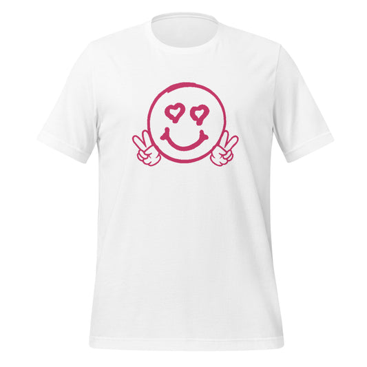 Unisex Smiley Face White t-shirt. "I love You More" on Back