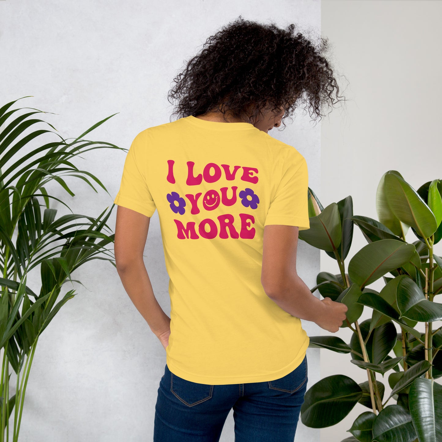 Unisex Smiley Face Light Yellow t-shirt, "I Love You More" on Back