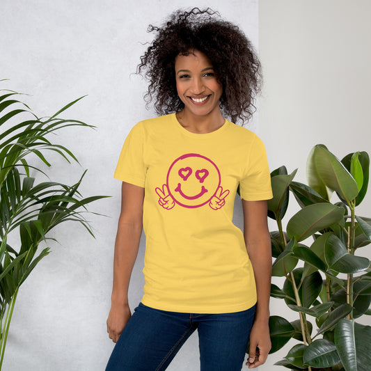 Women's Smiley Face Yellow T-Shirt, Hot Pink Text. "Have A Good Day" on Back