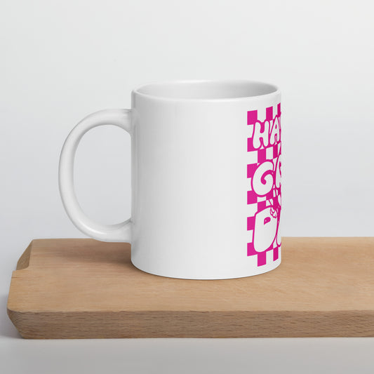 Hot Pink Happy Face, and Have A Good Day, White glossy mug