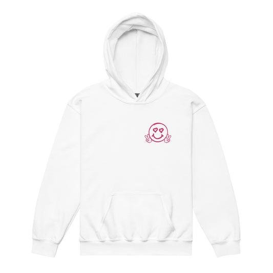 Smiley Face Unisex Youth heavy blend hoodie, Hot Pink Text