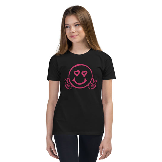 Youth Smiley Face Black Short Sleeve T-Shirt, I Love You More on Back