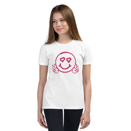 Youth Smiley Face Short Sleeve T-Shirt, I Love You More on Back